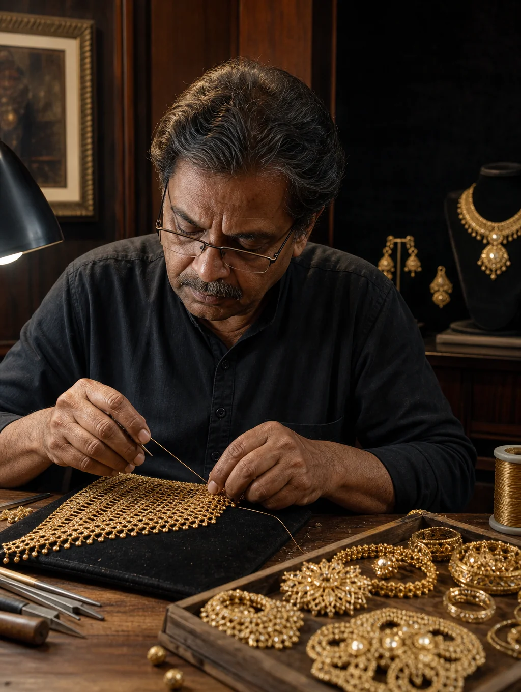 Artisan hands carefully stringing gold and obsidian beads at the Bracelets by Brendella studio